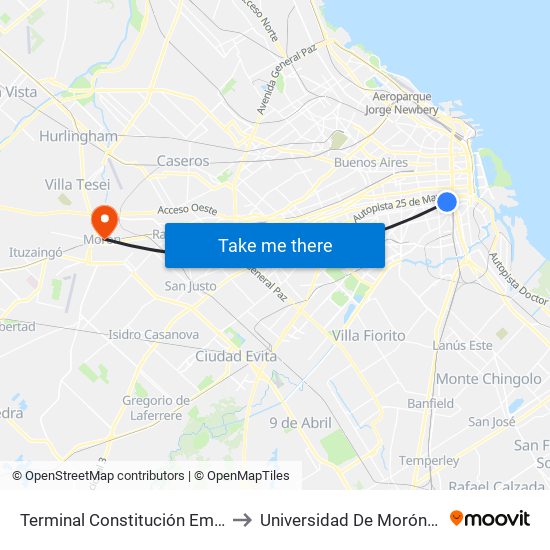 Terminal Constitución Emp. San Vicente to Universidad De Morón Sede Central map