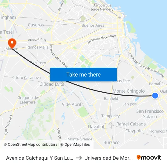 Avenida Calchaquí Y San Luis (Punto Mayorista) to Universidad De Morón Sede Central map