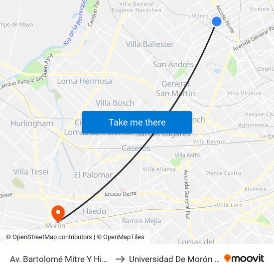 Av. Bartolomé Mitre Y Hipolito Yrigoyen to Universidad De Morón Sede Central map