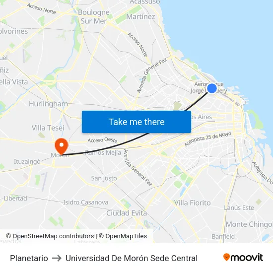 Planetario to Universidad De Morón Sede Central map