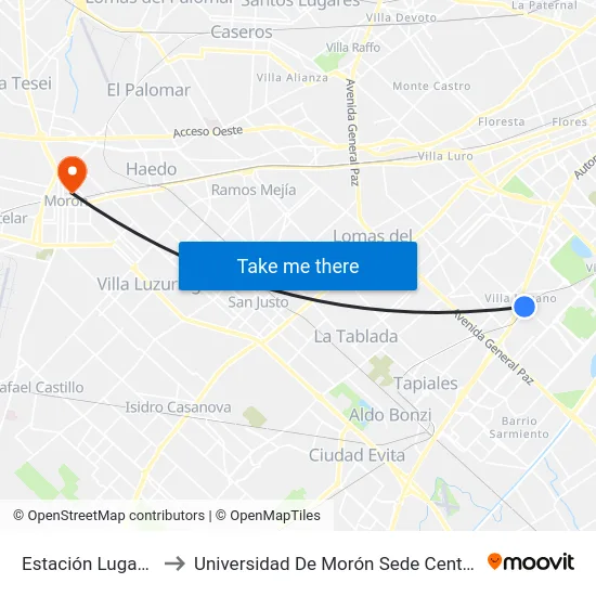 Estación Lugano to Universidad De Morón Sede Central map