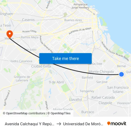 Avenida Calchaquí Y República Del Líbano (85 - 98 - 148 - 257 - 293) to Universidad De Morón Sede Central map