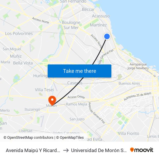 Avenida Maipú Y Ricardo Gutiérrez to Universidad De Morón Sede Central map