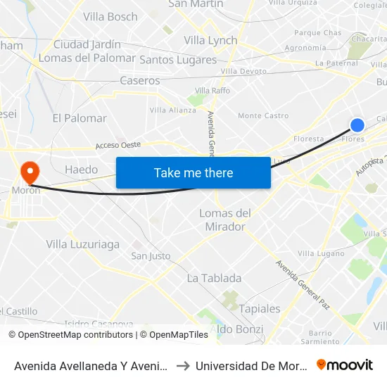 Avenida Avellaneda Y Avenida Boyacá (92 - 172) to Universidad De Morón Sede Central map