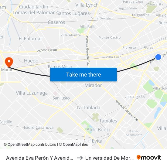 Avenida Eva Perón Y Avenida Carabobo (97 - 103) to Universidad De Morón Sede Central map