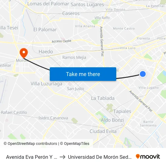Avenida Eva Perón Y Miralla to Universidad De Morón Sede Central map