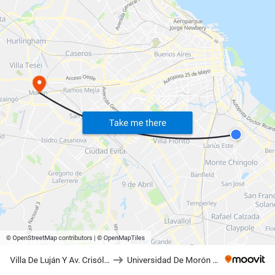 Villa De Luján Y Av. Crisólogo Larralde to Universidad De Morón Sede Central map