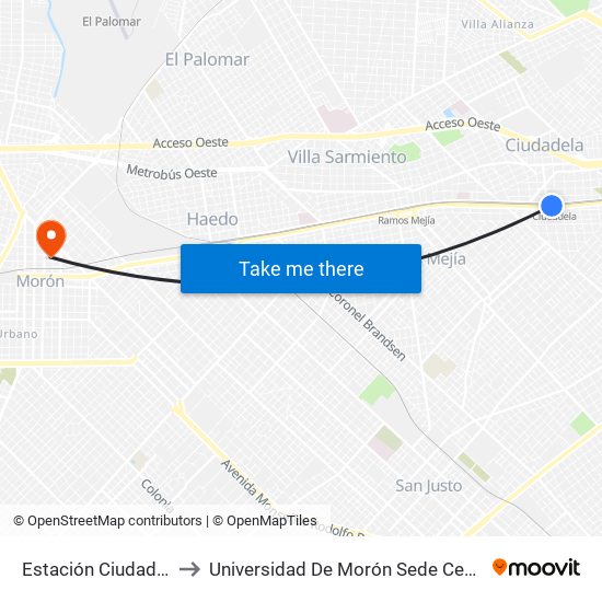 Estación Ciudadela to Universidad De Morón Sede Central map