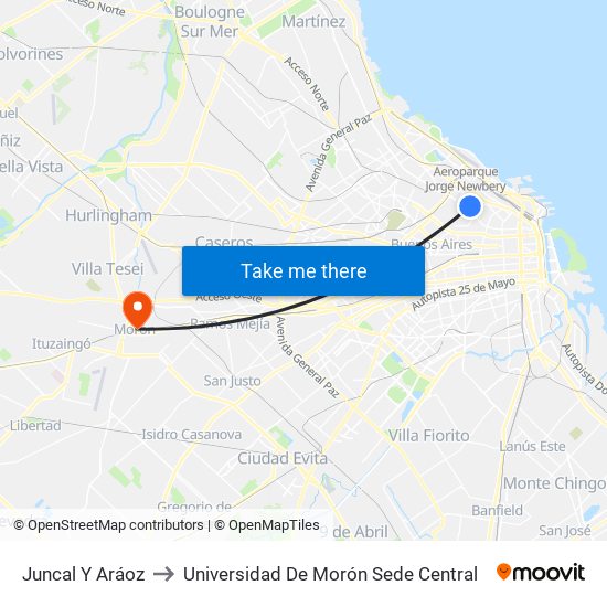 Juncal Y Aráoz to Universidad De Morón Sede Central map