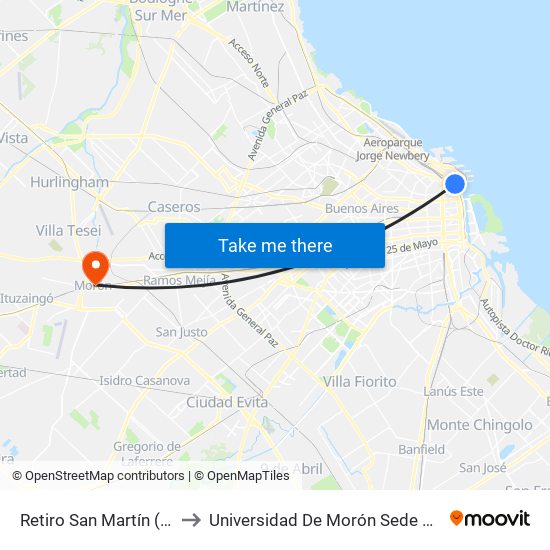 Retiro San Martín (100) to Universidad De Morón Sede Central map