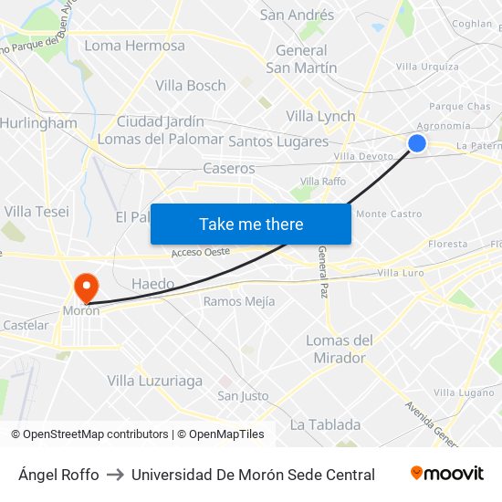 Ángel Roffo to Universidad De Morón Sede Central map