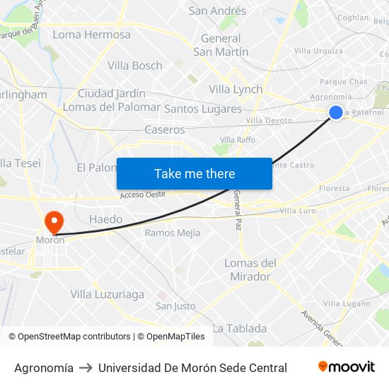 Agronomía to Universidad De Morón Sede Central map