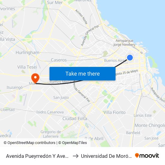 Avenida Pueyrredón Y Avenida Córdoba (64) to Universidad De Morón Sede Central map