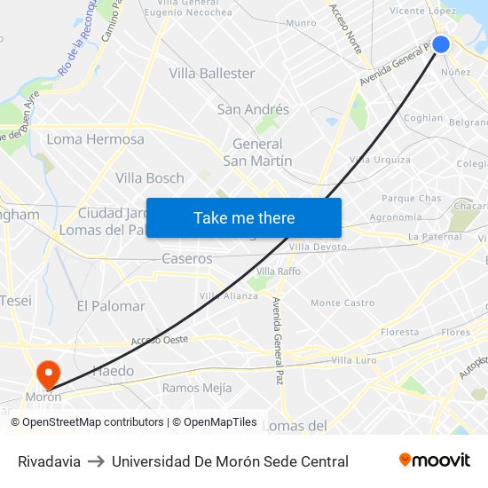 Rivadavia to Universidad De Morón Sede Central map