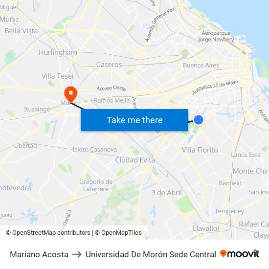 Mariano Acosta to Universidad De Morón Sede Central map