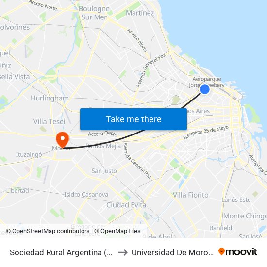 Sociedad Rural Argentina (Buenos Aires Bus) to Universidad De Morón Sede Central map