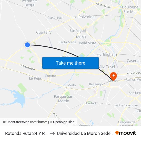 Rotonda Ruta 24 Y Ruta 25 to Universidad De Morón Sede Central map