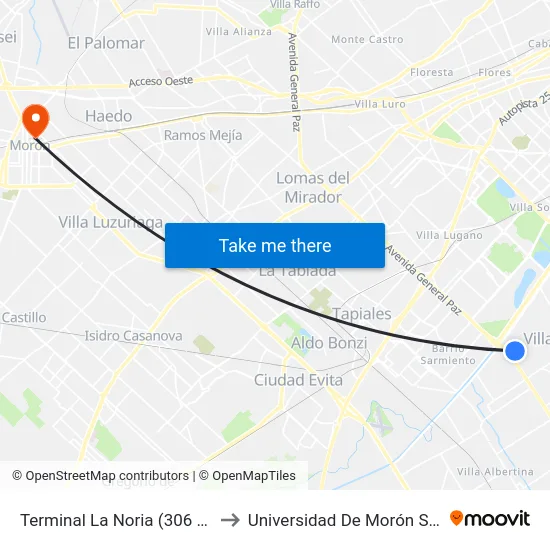 Terminal La Noria (306 Spegazzini) to Universidad De Morón Sede Central map