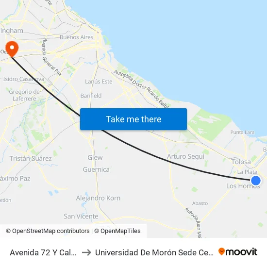 Avenida 72 Y Calle 9 to Universidad De Morón Sede Central map