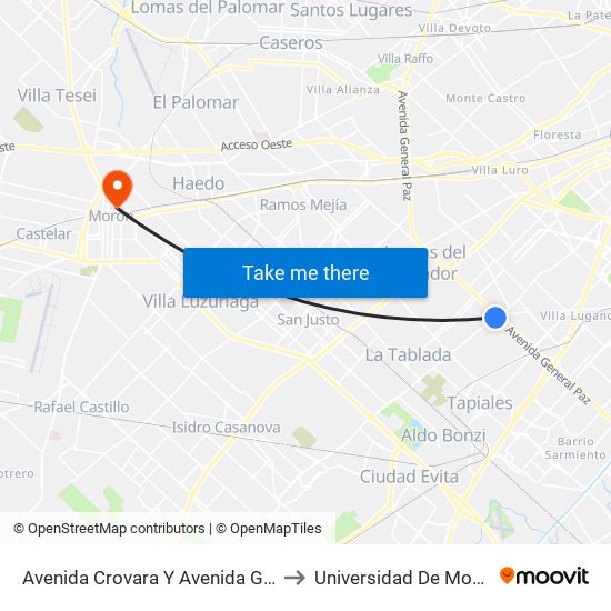 Avenida Crovara Y Avenida General Paz (180 - 630) to Universidad De Morón Sede Central map
