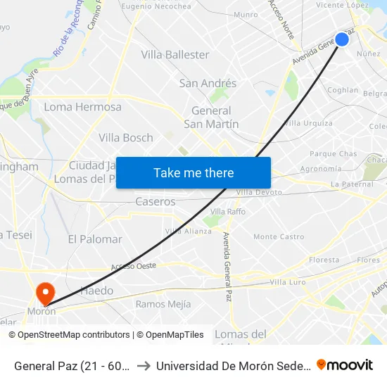 General Paz (21 - 60 - 168) to Universidad De Morón Sede Central map