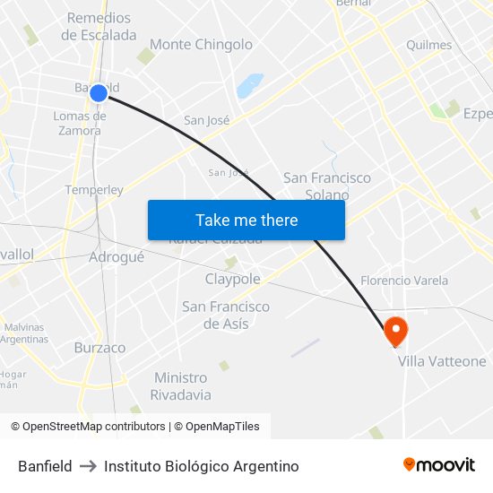 Banfield to Instituto Biológico Argentino map