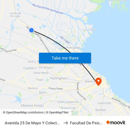 Avenida 25 De Mayo Y Colectora Este to Facultad De Psicología map