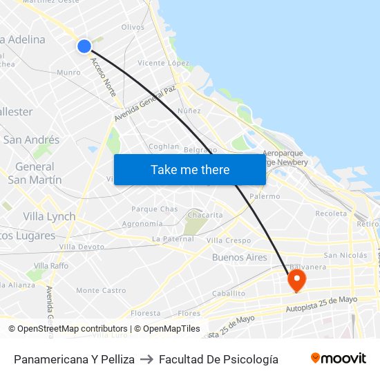 Panamericana Y Pelliza to Facultad De Psicología map