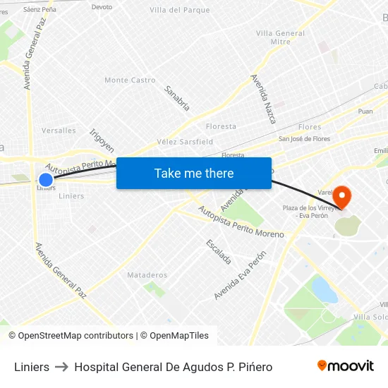 Liniers to Hospital General De Agudos P. Pińero map