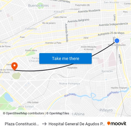 Plaza Constitución (51) to Hospital General De Agudos P. Pińero map