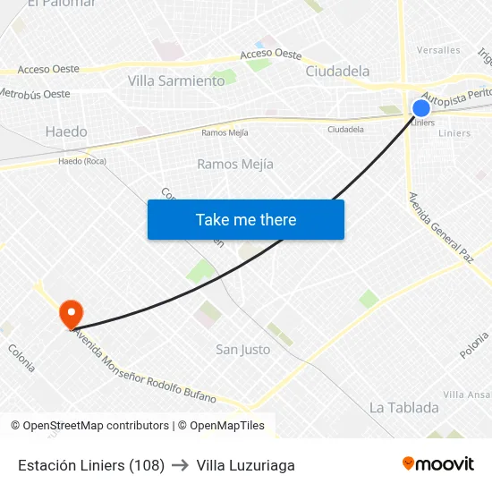 Estación Liniers (108) to Villa Luzuriaga map