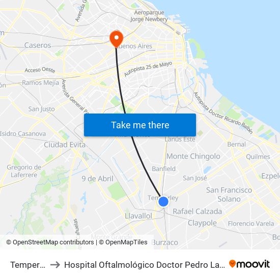 Temperley to Hospital Oftalmológico Doctor Pedro Lagleyze map