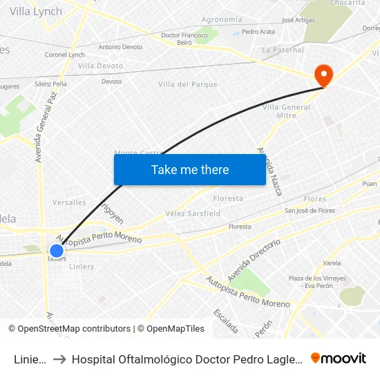 Liniers to Hospital Oftalmológico Doctor Pedro Lagleyze map