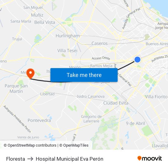 Floresta to Hospital Municipal Eva Perón map