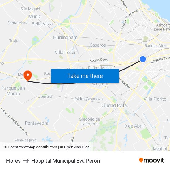 Flores to Hospital Municipal Eva Perón map