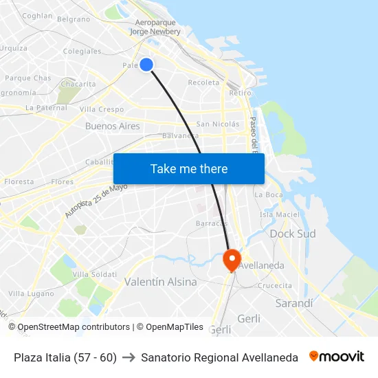 Plaza Italia (57 - 60) to Sanatorio Regional Avellaneda map