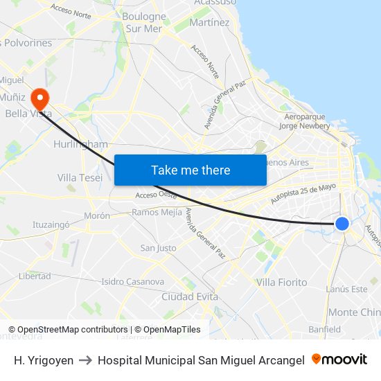 H. Yrigoyen to Hospital Municipal San Miguel Arcangel map