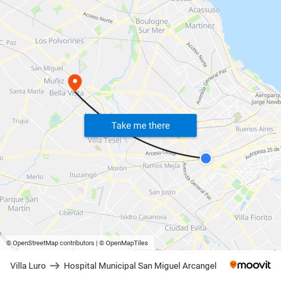 Villa Luro to Hospital Municipal San Miguel Arcangel map