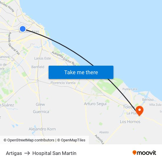 Artigas to Hospital San Martín map