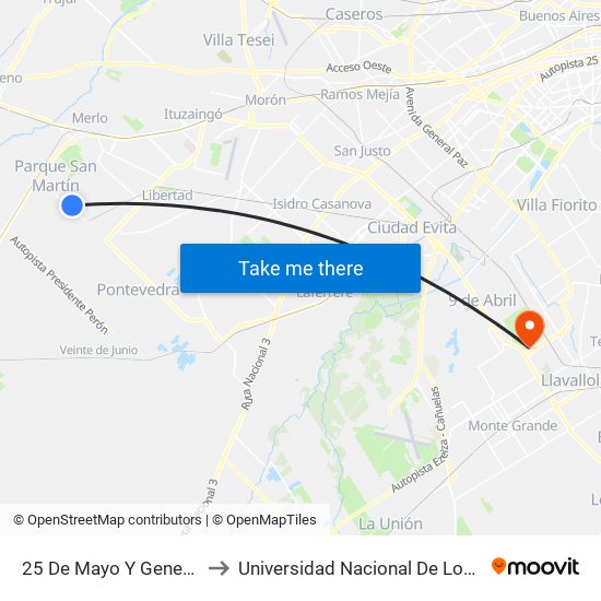25 De Mayo Y General Mosconi to Universidad Nacional De Lomas De Zamora map
