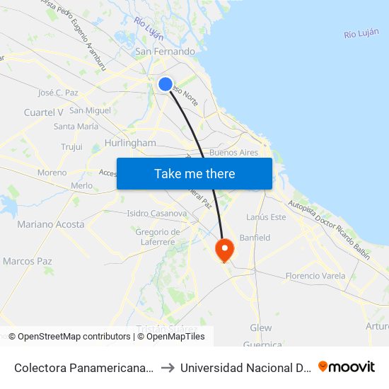 Colectora Panamericana Y Capitán San Martín to Universidad Nacional De Lomas De Zamora map