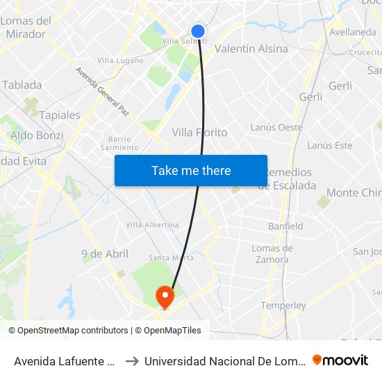 Avenida Lafuente Y Corrales to Universidad Nacional De Lomas De Zamora map