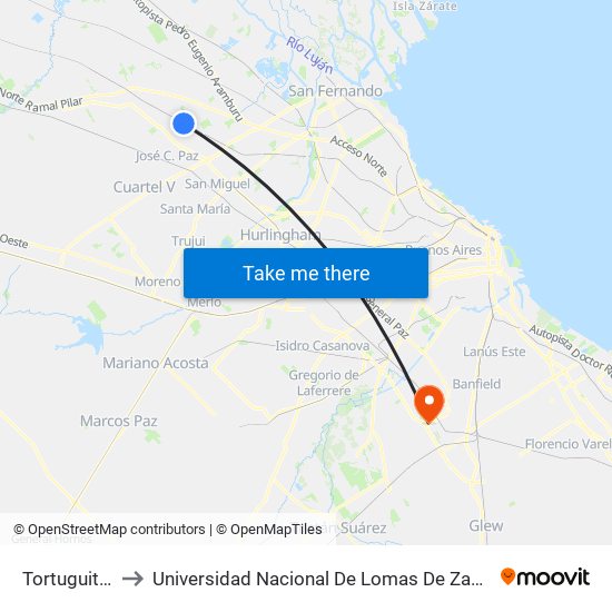 Tortuguitas to Universidad Nacional De Lomas De Zamora map