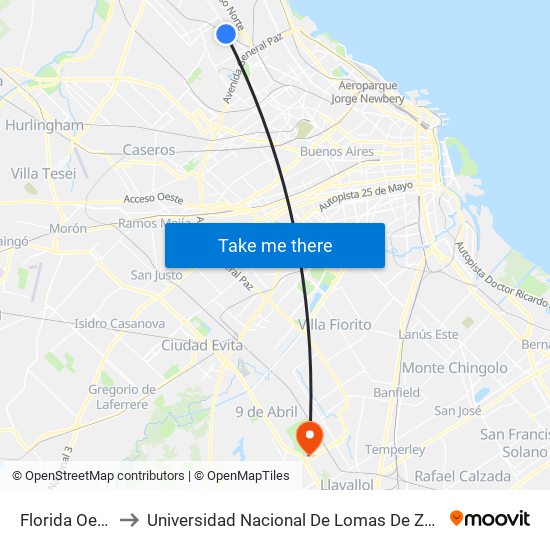 Florida Oeste to Universidad Nacional De Lomas De Zamora map