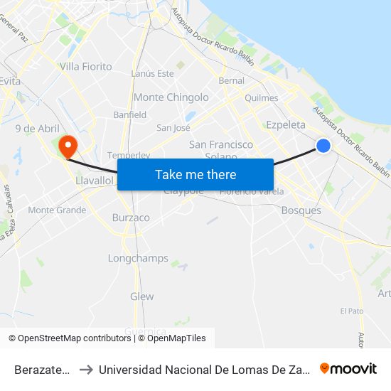 Berazategui to Universidad Nacional De Lomas De Zamora map