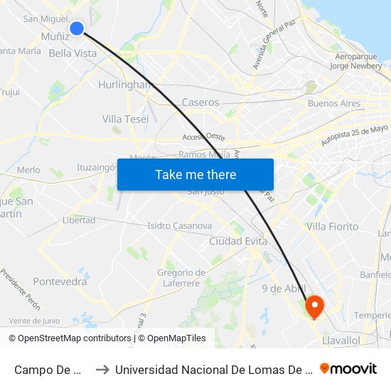 Campo De Mayo to Universidad Nacional De Lomas De Zamora map