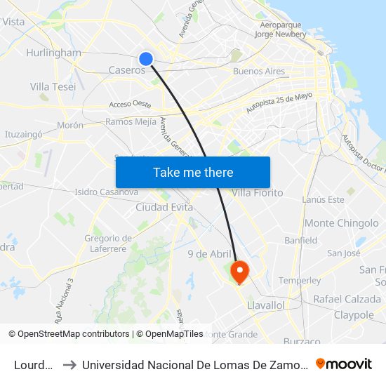 Lourdes to Universidad Nacional De Lomas De Zamora map