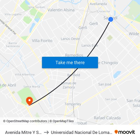 Avenida Mitre Y Supisiche to Universidad Nacional De Lomas De Zamora map