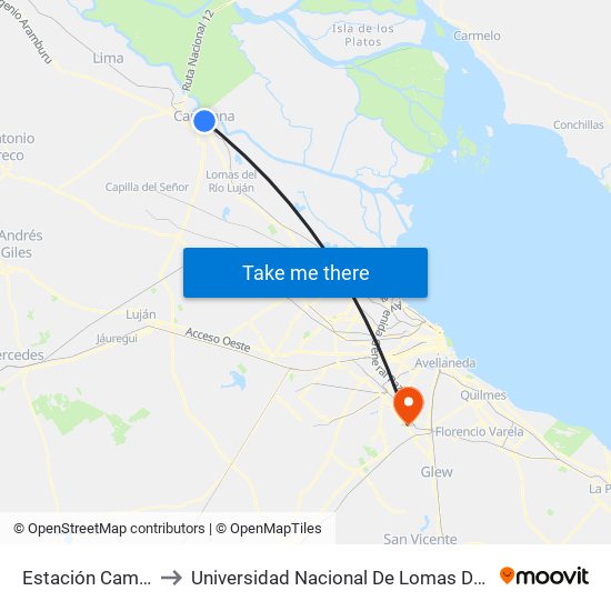 Estación Campana to Universidad Nacional De Lomas De Zamora map