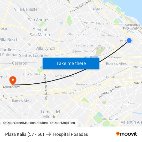Plaza Italia (57 - 60) to Hospital Posadas map